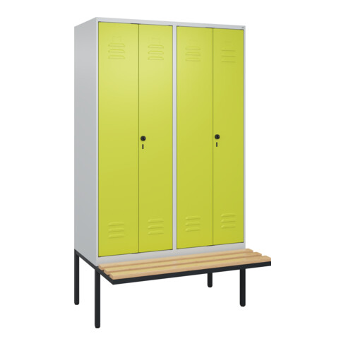 C+P Schwarz-Weiß-Spind Classic PLUS, Bank, 4 Abteile, 2120x1200x815mm, 7035/0024, Verschluss Sicherheits-Drehriegel, Sitzbanktyp auskragend, Material Sitzfläche Buche-Hartholz