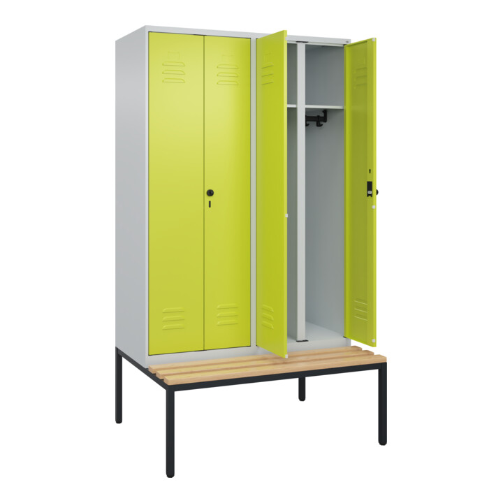 C+P Schwarz-Weiß-Spind Classic PLUS, Bank, 4 Abteile, 2120x1200x815mm, 7035/0024, Verschluss Sicherheits-Drehriegel, Sitzbanktyp untergebaut, Material Sitzfläche Buche-Hartholz
