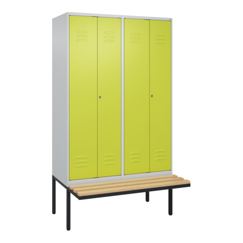 C+P Schwarz-Weiß-Spind Classic PLUS, Bank, 4 Abteile, 2120x1200x815mm, 7035/0024, Verschluss Zylinderschloss, Sitzbanktyp auskragend, Material Sitzfläche Buche-Hartholz