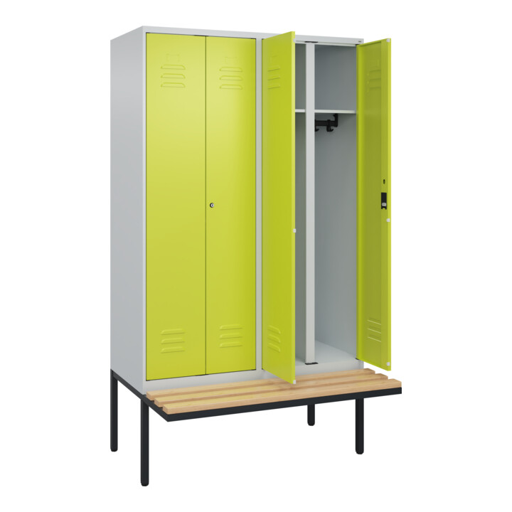 C+P Schwarz-Weiß-Spind Classic PLUS, Bank, 4 Abteile, 2120x1200x815mm, 7035/0024, Verschluss Zylinderschloss, Sitzbanktyp auskragend, Material Sitzfläche Buche-Hartholz