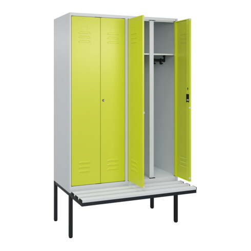 C+P Schwarz-Weiß-Spind Classic PLUS, Bank, 4 Abteile, 2120x1200x815mm, 7035/0024, Verschluss Zylinderschloss, Sitzbanktyp auskragend, Material Sitzfläche Kunststoff