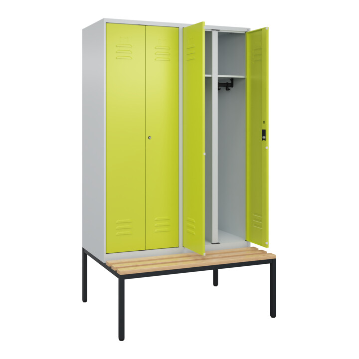 C+P Schwarz-Weiß-Spind Classic PLUS, Bank, 4 Abteile, 2120x1200x815mm, 7035/0024, Verschluss Zylinderschloss, Sitzbanktyp untergebaut, Material Sitzfläche Buche-Hartholz