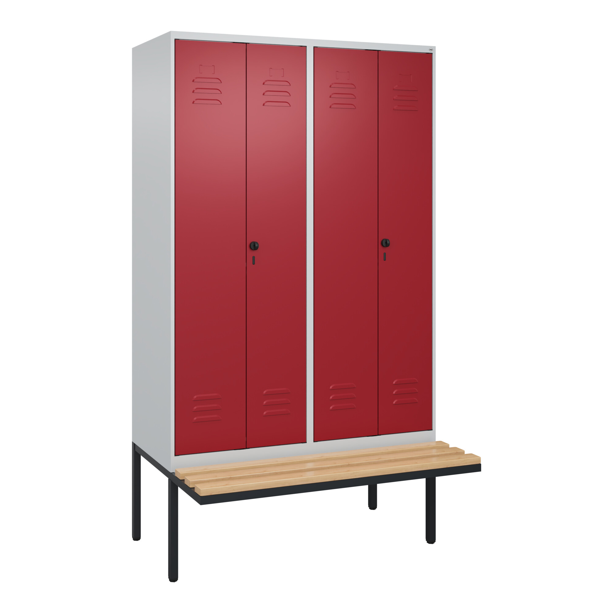 C+P Schwarz-Weiß-Spind Classic PLUS, Bank, 4 Abteile, 2120x1200x815mm, 7035/3003, Verschluss Sicherheits-Drehriegel, Sitzbanktyp auskragend, Material