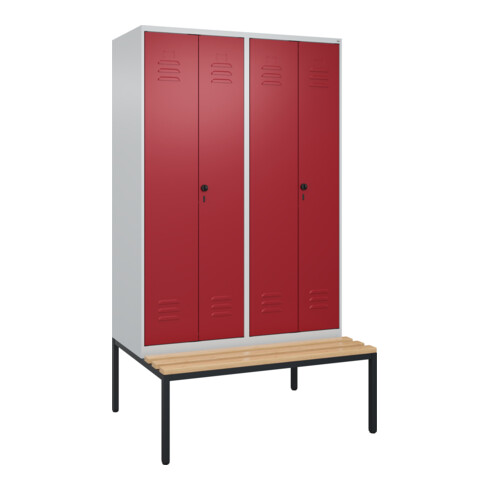 C+P Schwarz-Weiß-Spind Classic PLUS, Bank, 4 Abteile, 2120x1200x815mm, 7035/3003, Verschluss Sicherheits-Drehriegel, Sitzbanktyp untergebaut, Material Sitzfläche Buche-Hartholz