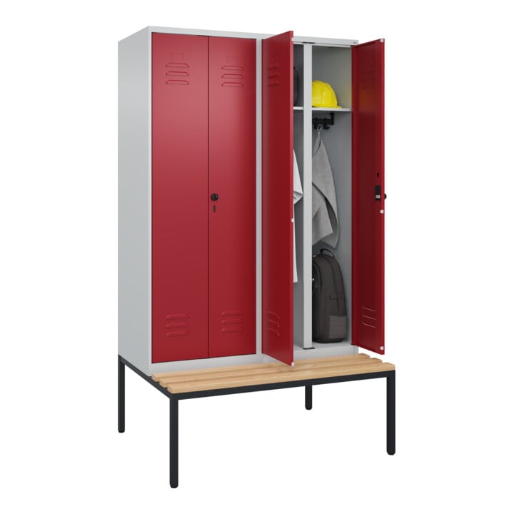 C+P Schwarz-Weiß-Spind Classic PLUS, Bank, 4 Abteile, 2120x1200x815mm, 7035/3003, Verschluss Sicherheits-Drehriegel, Sitzbanktyp untergebaut, Material Sitzfläche Buche-Hartholz