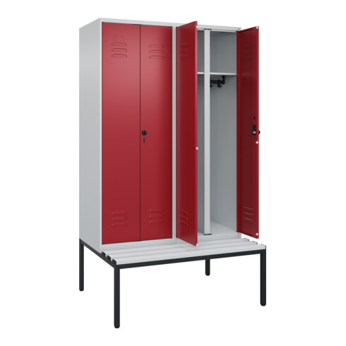 C+P Schwarz-Weiß-Spind Classic PLUS, Bank, 4 Abteile, 2120x1200x815mm, 7035/3003, Verschluss Sicherheits-Drehriegel, Sitzbanktyp untergebaut, Material Sitzfläche Kunststoff