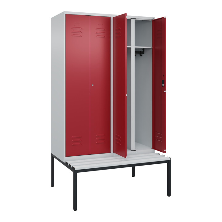 C+P Schwarz-Weiß-Spind Classic PLUS, Bank, 4 Abteile, 2120x1200x815mm, 7035/3003, Verschluss Zylinderschloss, Sitzbanktyp untergebaut, Material Sitzfläche Kunststoff