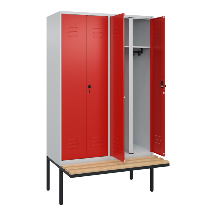 C+P Schwarz-Weiß-Spind Classic PLUS, Bank, 4 Abteile, 2120x1200x815mm, 7035/3020, Verschluss Sicherheits-Drehriegel, Sitzbanktyp auskragend, Material Sitzfläche Buche-Hartholz