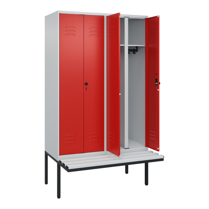C+P Schwarz-Weiß-Spind Classic PLUS, Bank, 4 Abteile, 2120x1200x815mm, 7035/3020, Verschluss Sicherheits-Drehriegel, Sitzbanktyp auskragend, Material Sitzfläche Kunststoff