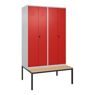 C+P Schwarz-Weiß-Spind Classic PLUS, Bank, 4 Abteile, 2120x1200x815mm, 7035/3020, Verschluss Sicherheits-Drehriegel, Sitzbanktyp untergebaut, Material Sitzfläche Buche-Hartholz