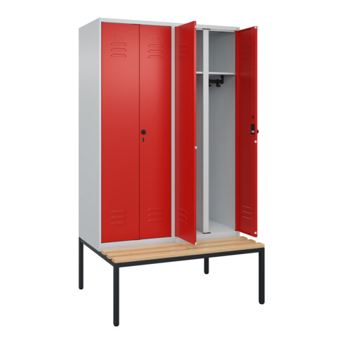 C+P Schwarz-Weiß-Spind Classic PLUS, Bank, 4 Abteile, 2120x1200x815mm, 7035/3020, Verschluss Sicherheits-Drehriegel, Sitzbanktyp untergebaut, Material Sitzfläche Buche-Hartholz