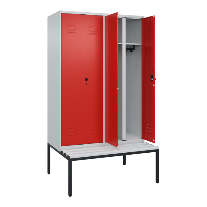 C+P Schwarz-Weiß-Spind Classic PLUS, Bank, 4 Abteile, 2120x1200x815mm, 7035/3020, Verschluss Sicherheits-Drehriegel, Sitzbanktyp untergebaut, Material Sitzfläche Kunststoff