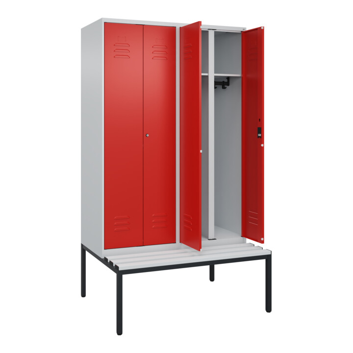 C+P Schwarz-Weiß-Spind Classic PLUS, Bank, 4 Abteile, 2120x1200x815mm, 7035/3020, Verschluss Zylinderschloss, Sitzbanktyp untergebaut, Material Sitzfläche Kunststoff