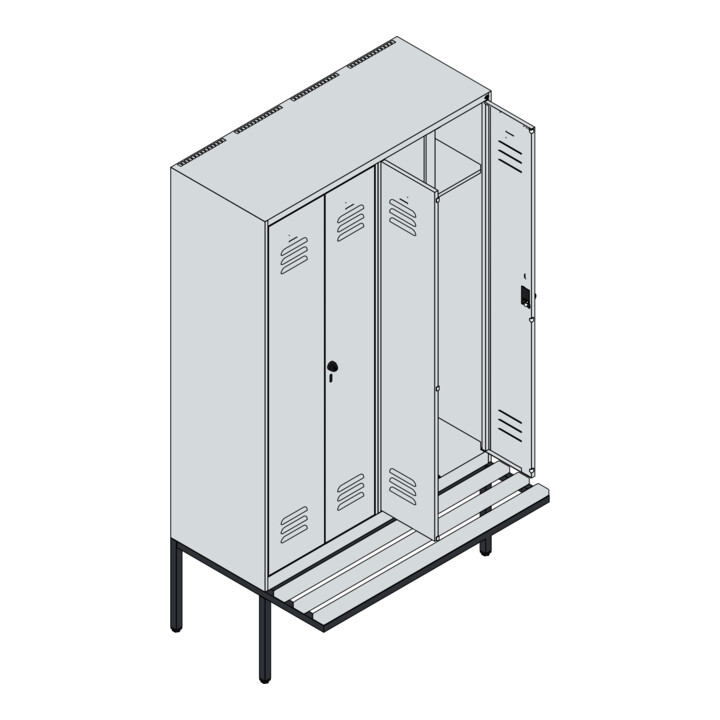 C+P Schwarz-Weiß-Spind Classic PLUS, Bank, 4 Abteile, 2120x1200x815mm, 7035/5010, Verschluss Sicherheits-Drehriegel, Sitzbanktyp auskragend, Material Sitzfläche Buche-Hartholz