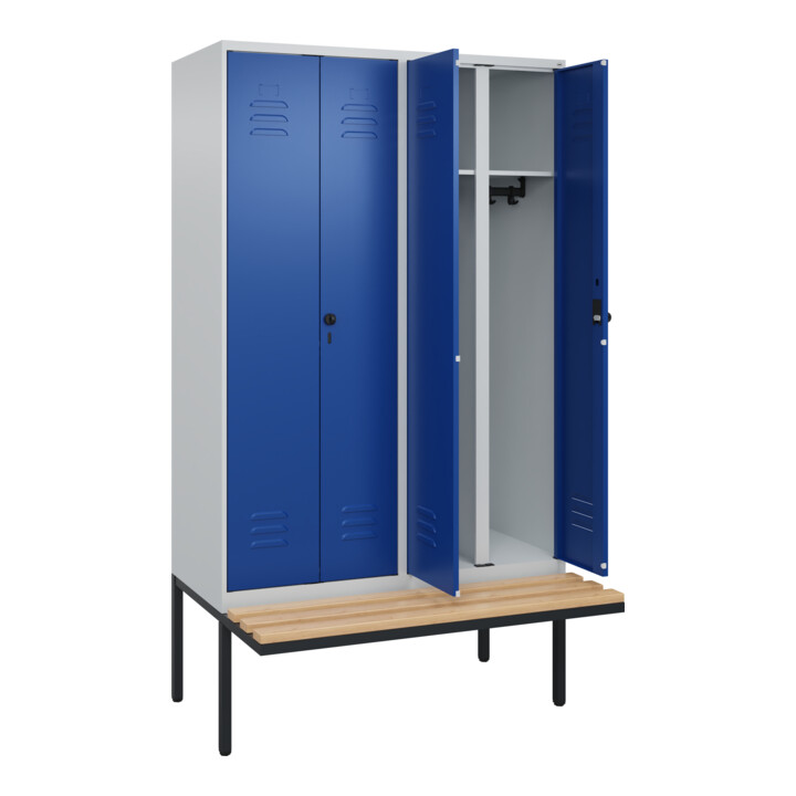 C+P Schwarz-Weiß-Spind Classic PLUS, Bank, 4 Abteile, 2120x1200x815mm, 7035/5010, Verschluss Sicherheits-Drehriegel, Sitzbanktyp auskragend, Material Sitzfläche Buche-Hartholz