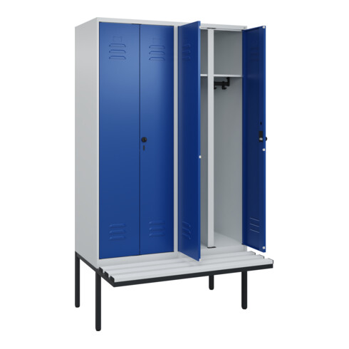 C+P Schwarz-Weiß-Spind Classic PLUS, Bank, 4 Abteile, 2120x1200x815mm, 7035/5010, Verschluss Sicherheits-Drehriegel, Sitzbanktyp auskragend, Material Sitzfläche Kunststoff