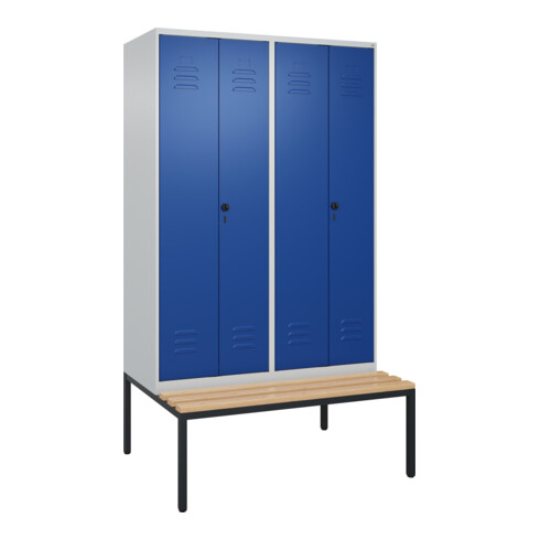 C+P Schwarz-Weiß-Spind Classic PLUS, Bank, 4 Abteile, 2120x1200x815mm, 7035/5010, Verschluss Sicherheits-Drehriegel, Sitzbanktyp untergebaut, Material Sitzfläche Buche-Hartholz