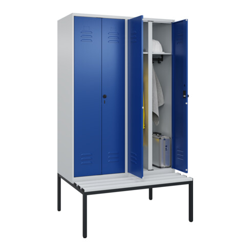 C+P Schwarz-Weiß-Spind Classic PLUS, Bank, 4 Abteile, 2120x1200x815mm, 7035/5010, Verschluss Sicherheits-Drehriegel, Sitzbanktyp untergebaut, Material Sitzfläche Kunststoff