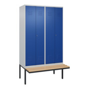 C+P Schwarz-Weiß-Spind Classic PLUS, Bank, 4 Abteile, 2120x1200x815mm, 7035/5010, Verschluss Zylinderschloss, Sitzbanktyp auskragend, Material Sitzfläche Buche-Hartholz