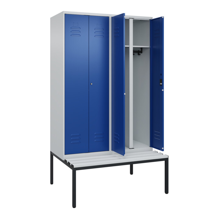 C+P Schwarz-Weiß-Spind Classic PLUS, Bank, 4 Abteile, 2120x1200x815mm, 7035/5010, Verschluss Zylinderschloss, Sitzbanktyp untergebaut, Material Sitzfläche Kunststoff