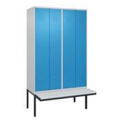 C+P Schwarz-Weiß-Spind Classic PLUS, Bank, 4 Abteile, 2120x1200x815mm, 7035/5012, Verschluss Zylinderschloss, Sitzbanktyp auskragend, Material Sitzfläche Kunststoff