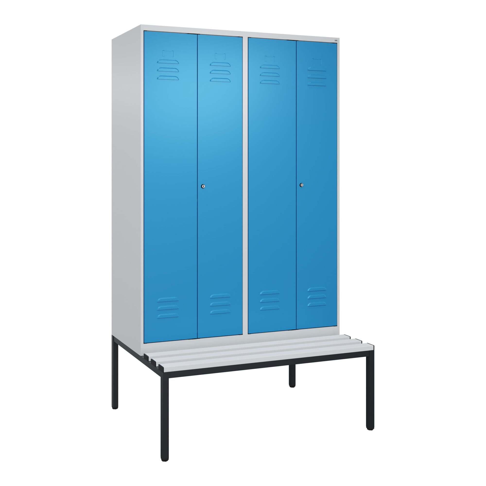 C+P Schwarz-Weiß-Spind Classic PLUS, Bank, 4 Abteile, 2120x1200x815mm, 7035/5012, Verschluss Zylinderschloss, Sitzbanktyp untergebaut, Material Sitzfl