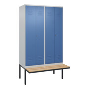 C+P Schwarz-Weiß-Spind Classic PLUS, Bank, 4 Abteile, 2120x1200x815mm, 7035/5023, Verschluss Zylinderschloss, Sitzbanktyp auskragend, Material Sitzfläche Buche-Hartholz