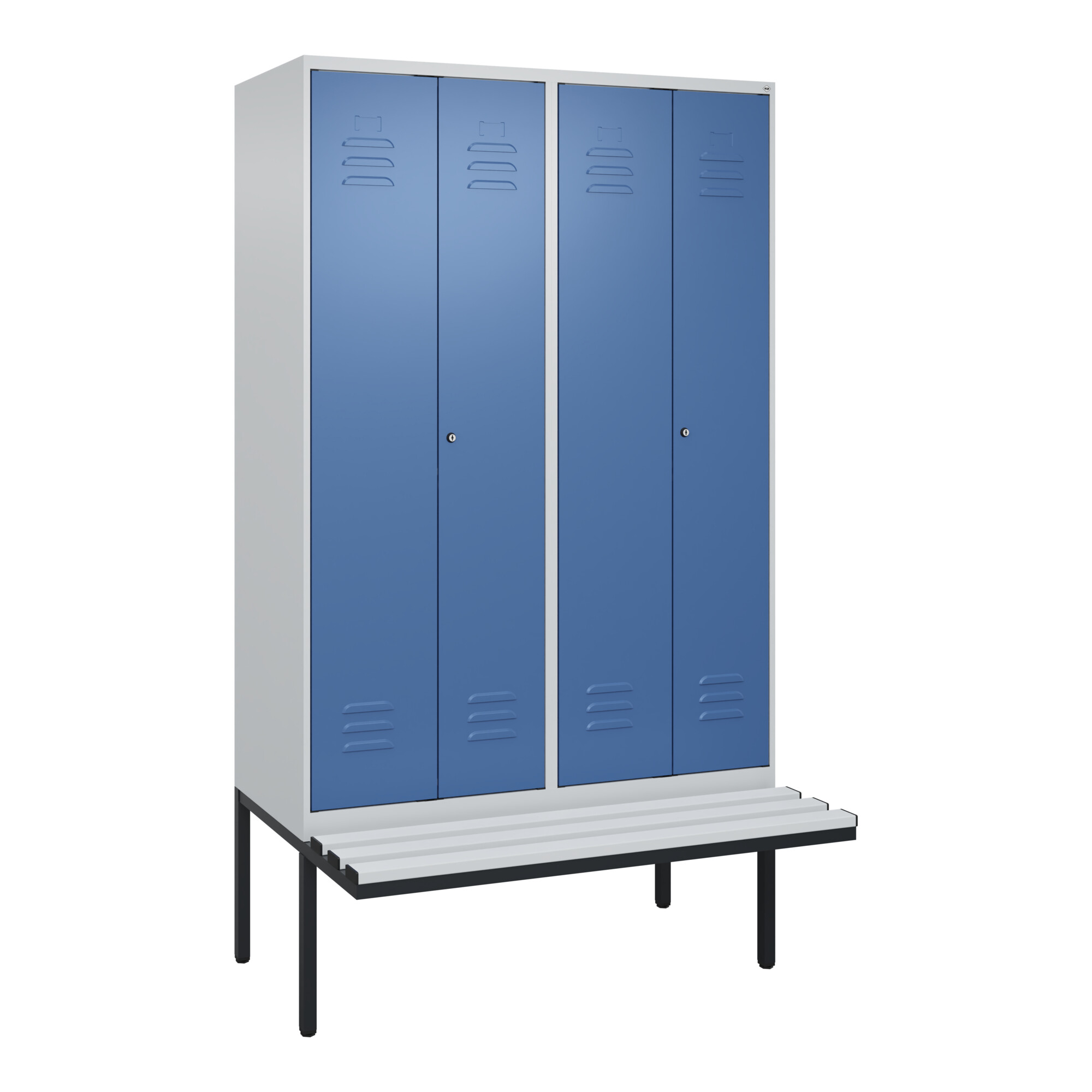 C+P Schwarz-Weiß-Spind Classic PLUS, Bank, 4 Abteile, 2120x1200x815mm, 7035/5023, Verschluss Zylinderschloss, Sitzbanktyp auskragend, Material Sitzflä