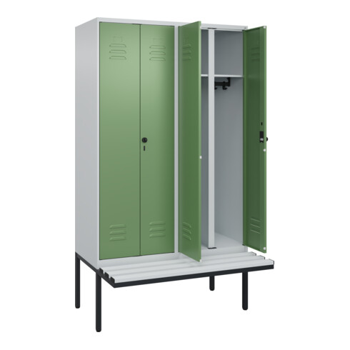 C+P Schwarz-Weiß-Spind Classic PLUS, Bank, 4 Abteile, 2120x1200x815mm, 7035/6011, Verschluss Sicherheits-Drehriegel, Sitzbanktyp auskragend, Material Sitzfläche Kunststoff