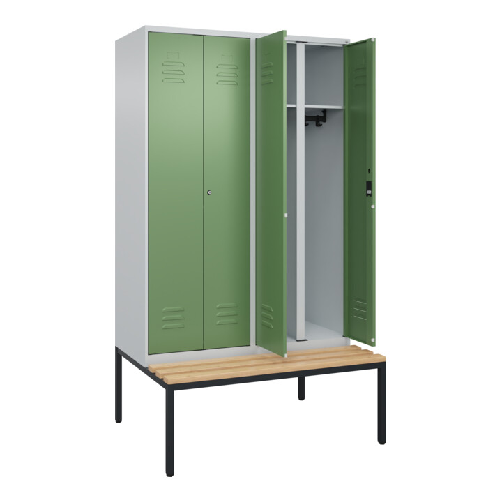 C+P Schwarz-Weiß-Spind Classic PLUS, Bank, 4 Abteile, 2120x1200x815mm, 7035/6011, Verschluss Zylinderschloss, Sitzbanktyp untergebaut, Material Sitzfläche Buche-Hartholz