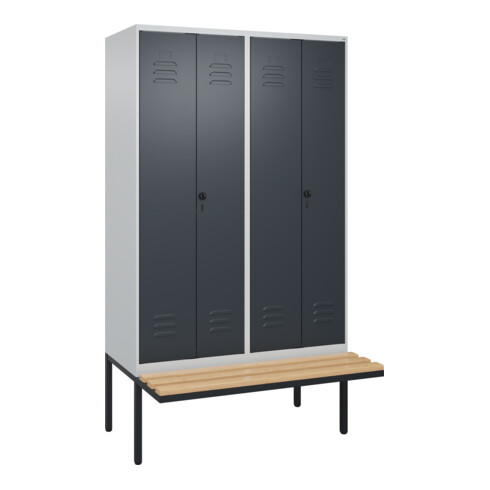 C+P Schwarz-Weiß-Spind Classic PLUS, Bank, 4 Abteile, 2120x1200x815mm, 7035/7016, Verschluss Sicherheits-Drehriegel, Sitzbanktyp auskragend, Material Sitzfläche Buche-Hartholz