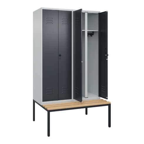 C+P Schwarz-Weiß-Spind Classic PLUS, Bank, 4 Abteile, 2120x1200x815mm, 7035/7016, Verschluss Sicherheits-Drehriegel, Sitzbanktyp untergebaut, Material Sitzfläche Buche-Hartholz