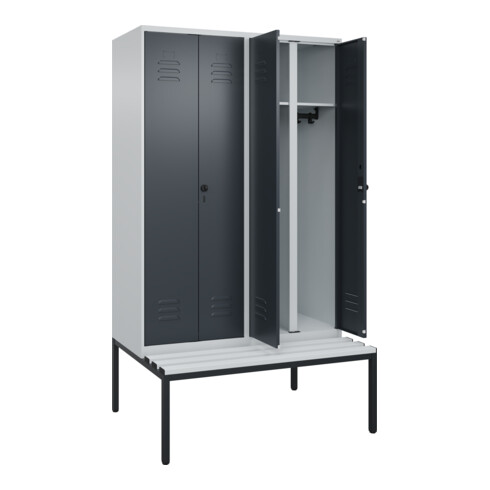 C+P Schwarz-Weiß-Spind Classic PLUS, Bank, 4 Abteile, 2120x1200x815mm, 7035/7016, Verschluss Sicherheits-Drehriegel, Sitzbanktyp untergebaut, Material Sitzfläche Kunststoff