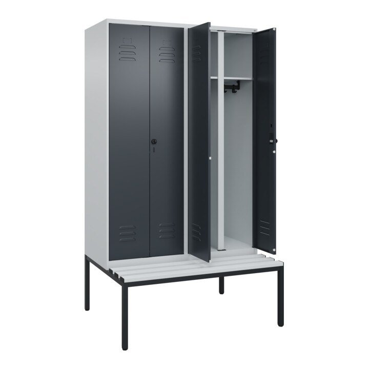 C+P Schwarz-Weiß-Spind Classic PLUS, Bank, 4 Abteile, 2120x1200x815mm, 7035/7016, Verschluss Sicherheits-Drehriegel, Sitzbanktyp untergebaut, Material Sitzfläche Kunststoff