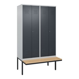 C+P Schwarz-Weiß-Spind Classic PLUS, Bank, 4 Abteile, 2120x1200x815mm, 7035/7016, Verschluss Zylinderschloss, Sitzbanktyp auskragend, Material Sitzfläche Buche-Hartholz
