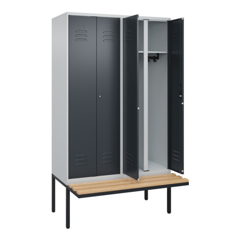 C+P Schwarz-Weiß-Spind Classic PLUS, Bank, 4 Abteile, 2120x1200x815mm, 7035/7016, Verschluss Zylinderschloss, Sitzbanktyp auskragend, Material Sitzfläche Buche-Hartholz