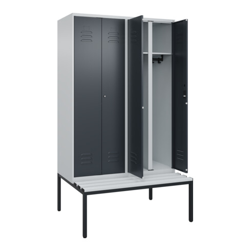 C+P Schwarz-Weiß-Spind Classic PLUS, Bank, 4 Abteile, 2120x1200x815mm, 7035/7016, Verschluss Zylinderschloss, Sitzbanktyp untergebaut, Material Sitzfläche Kunststoff