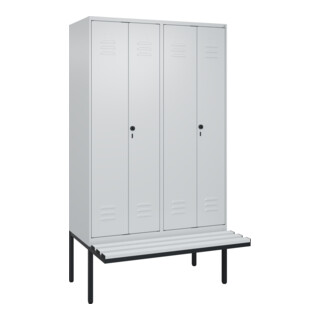 C+P Schwarz-Weiß-Spind Classic PLUS, Bank, 4 Abteile, 2120x1200x815mm, 7035/7035, Verschluss Sicherheits-Drehriegel, Sitzbanktyp auskragend, Material Sitzfläche Kunststoff
