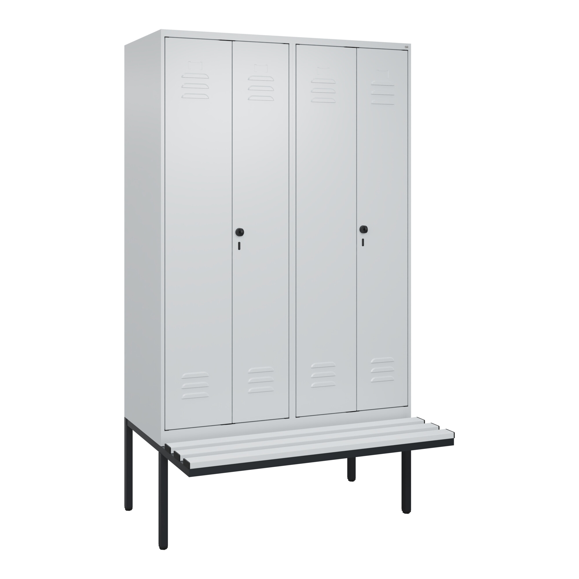 C+P Schwarz-Weiß-Spind Classic PLUS, Bank, 4 Abteile, 2120x1200x815mm, 7035/7035, Verschluss Sicherheits-Drehriegel, Sitzbanktyp auskragend, Material