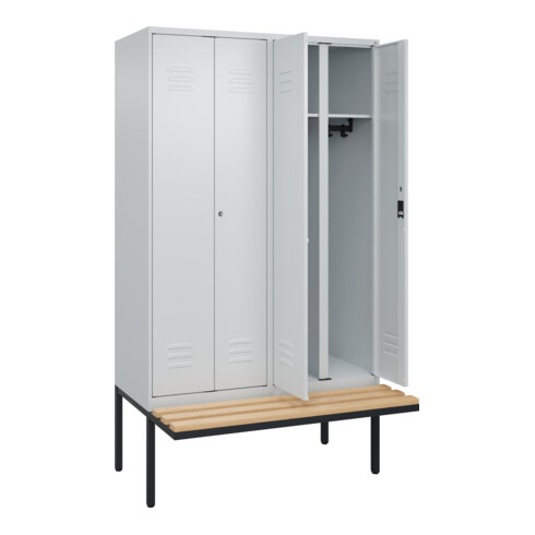 C+P Schwarz-Weiß-Spind Classic PLUS, Bank, 4 Abteile, 2120x1200x815mm, 7035/7035, Verschluss Zylinderschloss, Sitzbanktyp auskragend, Material Sitzfläche Buche-Hartholz