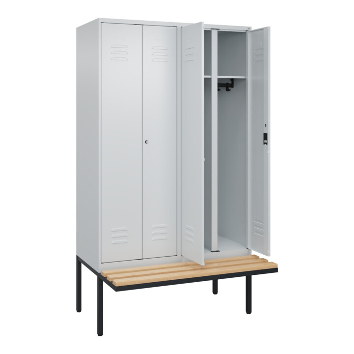 C+P Schwarz-Weiß-Spind Classic PLUS, Bank, 4 Abteile, 2120x1200x815mm, 7035/7035, Verschluss Zylinderschloss, Sitzbanktyp auskragend, Material Sitzfläche Buche-Hartholz