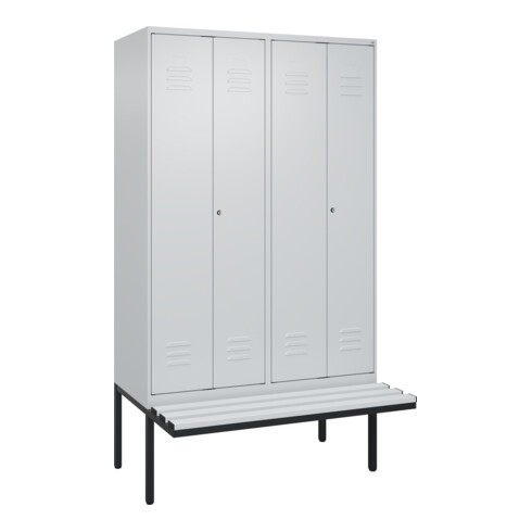 C+P Schwarz-Weiß-Spind Classic PLUS, Bank, 4 Abteile, 2120x1200x815mm, 7035/7035, Verschluss Zylinderschloss, Sitzbanktyp auskragend, Material Sitzfläche Kunststoff