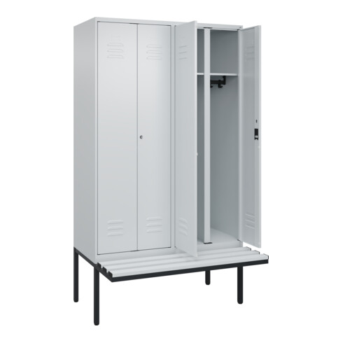 C+P Schwarz-Weiß-Spind Classic PLUS, Bank, 4 Abteile, 2120x1200x815mm, 7035/7035, Verschluss Zylinderschloss, Sitzbanktyp auskragend, Material Sitzfläche Kunststoff