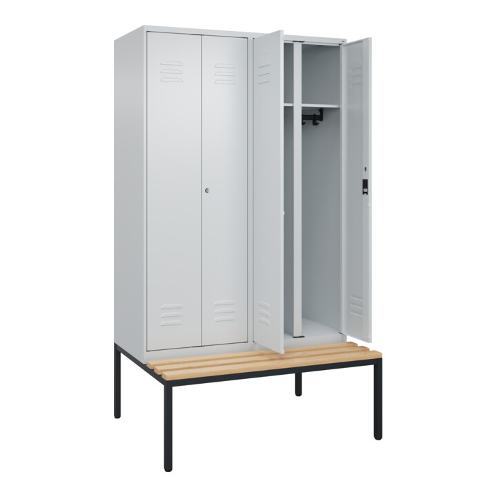 C+P Schwarz-Weiß-Spind Classic PLUS, Bank, 4 Abteile, 2120x1200x815mm, 7035/7035, Verschluss Zylinderschloss, Sitzbanktyp untergebaut, Material Sitzfläche Buche-Hartholz