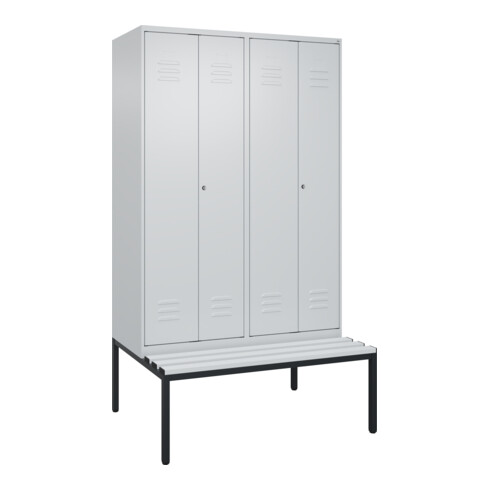 C+P Schwarz-Weiß-Spind Classic PLUS, Bank, 4 Abteile, 2120x1200x815mm, 7035/7035, Verschluss Zylinderschloss, Sitzbanktyp untergebaut, Material Sitzfläche Kunststoff