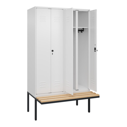 C+P Schwarz-Weiß-Spind Classic PLUS, Bank, 4 Abteile, 2120x1200x815mm, 9016/9016, Verschluss Sicherheits-Drehriegel, Sitzbanktyp auskragend, Material Sitzfläche Buche-Hartholz