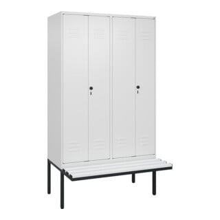 C+P Schwarz-Weiß-Spind Classic PLUS, Bank, 4 Abteile, 2120x1200x815mm, 9016/9016, Verschluss Sicherheits-Drehriegel, Sitzbanktyp auskragend, Material Sitzfläche Kunststoff
