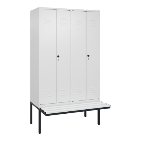 C+P Schwarz-Weiß-Spind Classic PLUS, Bank, 4 Abteile, 2120x1200x815mm, 9016/9016, Verschluss Sicherheits-Drehriegel, Sitzbanktyp auskragend, Material Sitzfläche Kunststoff
