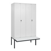 C+P Schwarz-Weiß-Spind Classic PLUS, Bank, 4 Abteile, 2120x1200x815mm, 9016/9016, Verschluss Sicherheits-Drehriegel, Sitzbanktyp auskragend, Material Sitzfläche Kunststoff