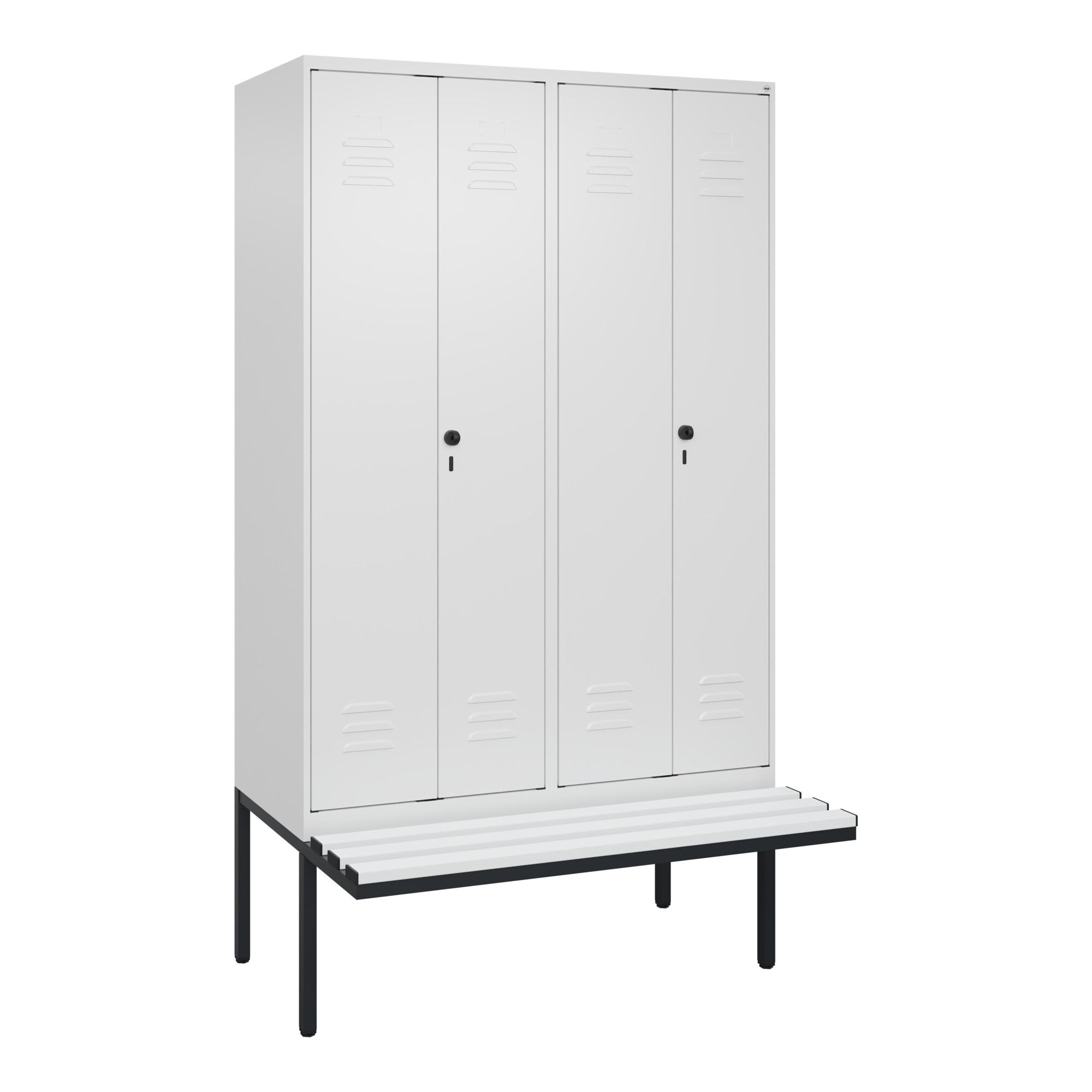 C+P Schwarz-Weiß-Spind Classic PLUS, Bank, 4 Abteile, 2120x1200x815mm, 9016/9016, Verschluss Sicherheits-Drehriegel, Sitzbanktyp auskragend, Material